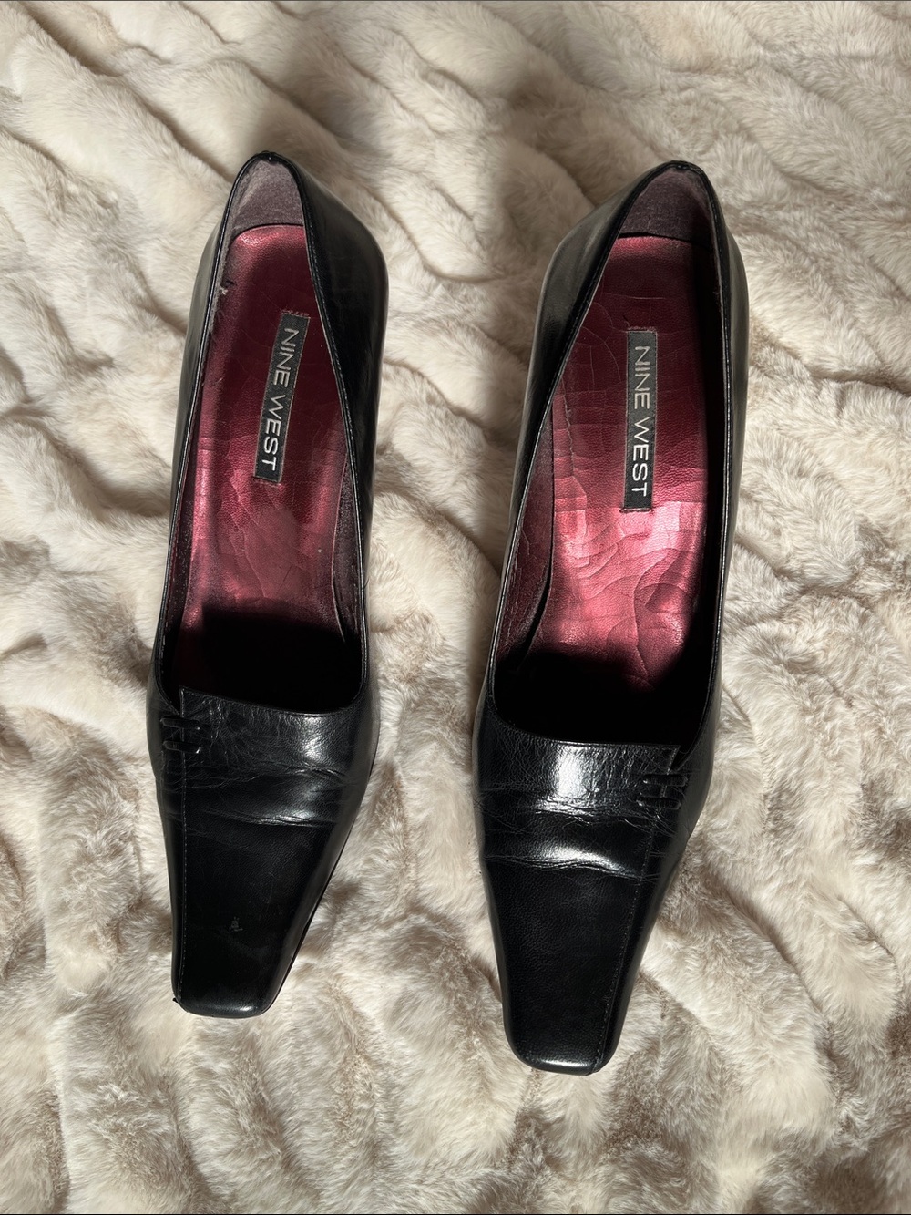 Nine West Black Leather Square-Toe Pumps with Burgundy Insole